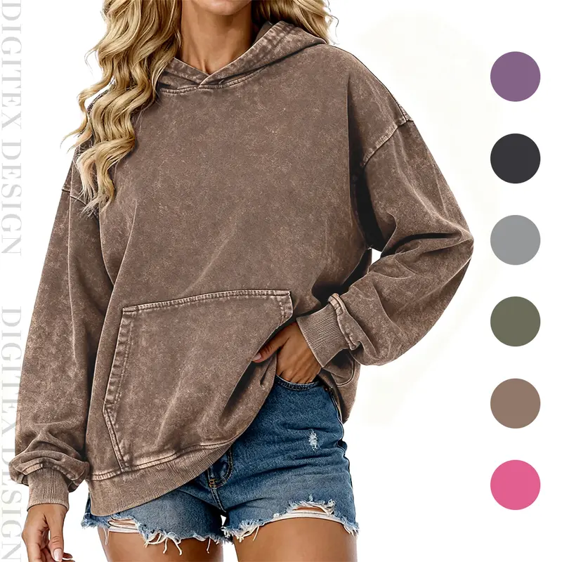 Digitex Women's Oversized Acid Wash Cotton Hoodie Minimalist Design Loose Fit with Kangaroo Pocket & Ribbed Cuffs for Fall Winter Fashion Casual Sweatshirts - Womenswear