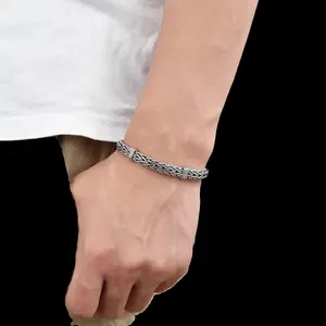 S925 Silver Chinese Pattern Braided Men’s Bracelet, Retro Oxidized Silver Chain with Geometric Engraved Clasp for Casual & Formal Wear outdoorfun