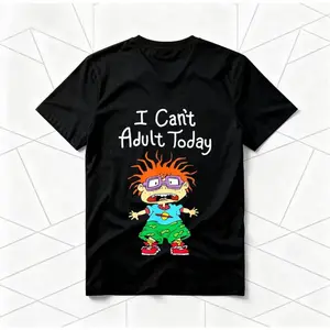 "I Can't Adult Today" Rugrats Cartoon American Retro Black Short-Sleeved Unisex T-Shirt, Nostalgic 90s Character Graphic, Casual Streetwear for Cartoon & Meme Enthusiasts, Unique Quirky Pop Culture Fashion Statement Piece Game funny crewneck menswear Fabr