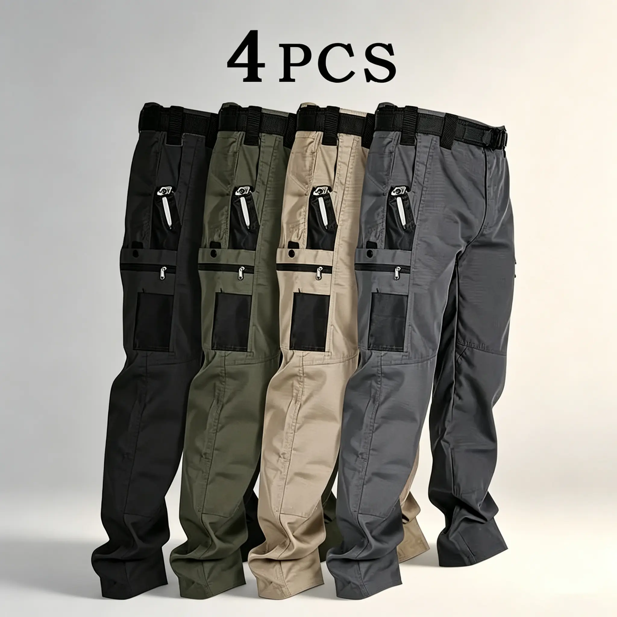 Men's 4-pack tactical cargo pants are crafted from brand-new 230 g/m² fabric, featuring multiple pockets and zip closures. Available in a variety of colors, these pants are ideal for spring and summer wear.