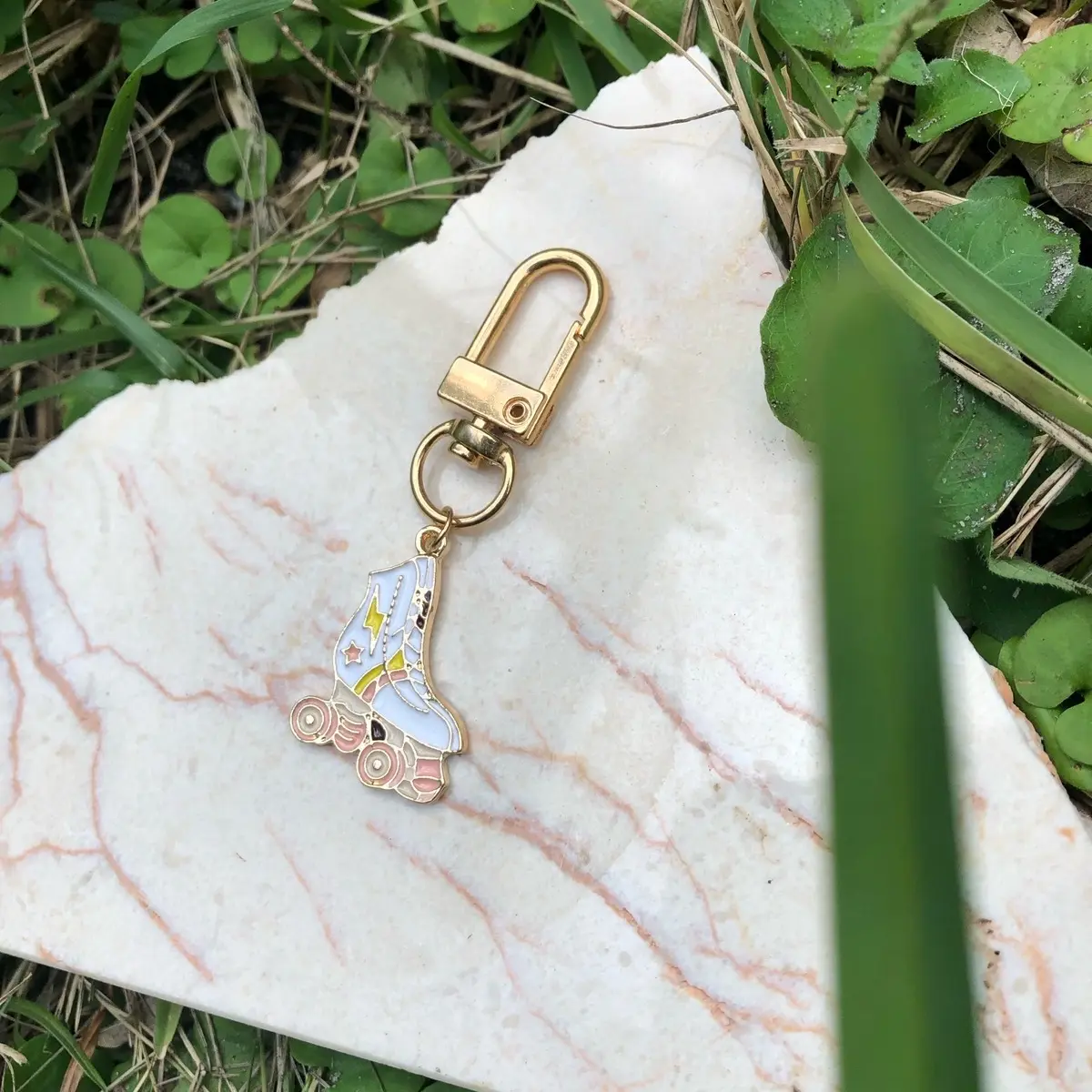 Gold Pink and White Roller Skate Bag Charm