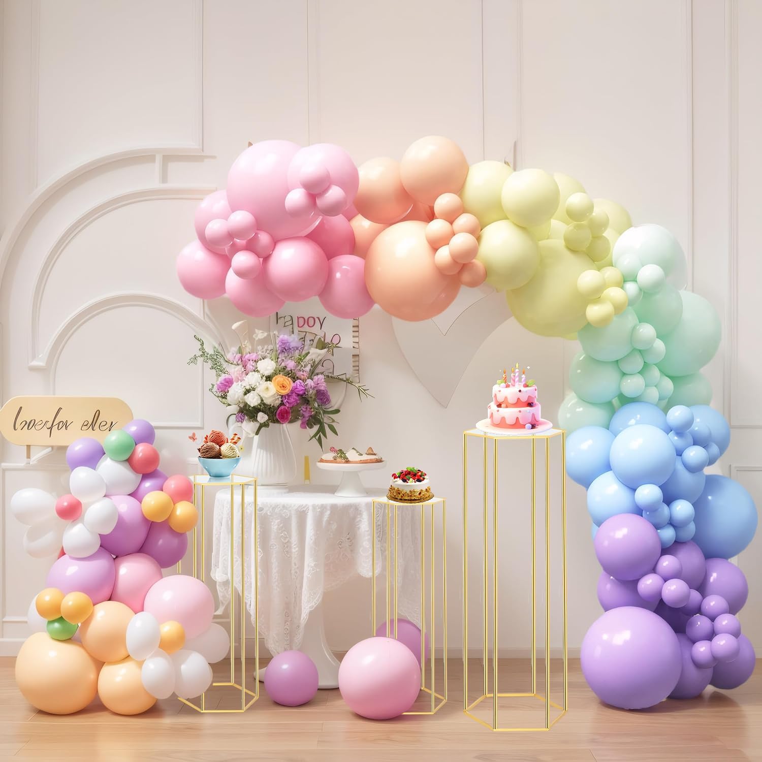 3PCS Cylinder Pedestal Stands for Parties, Hexagon Gold Metal Plant Round Cylinder Stands for Party Flowers, Display Columns Pedestal Stand Cylinder Tables for Vases Birthday Party Backdrop Decorations