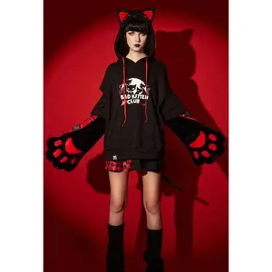 Emily the Strange Halloween Costume Black Bad Kitten Club Print Cat Pullover Hoodie with Furry Paw Gloves