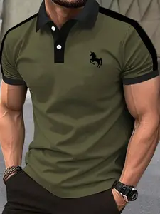 Men's New Summer Arrival Short Sleeve Polo Shirt Vintage American Style With Personalized Little Horse Pattern Print Wrinkle Resistant Business Turn Down Collar Paul Shirt For Golf