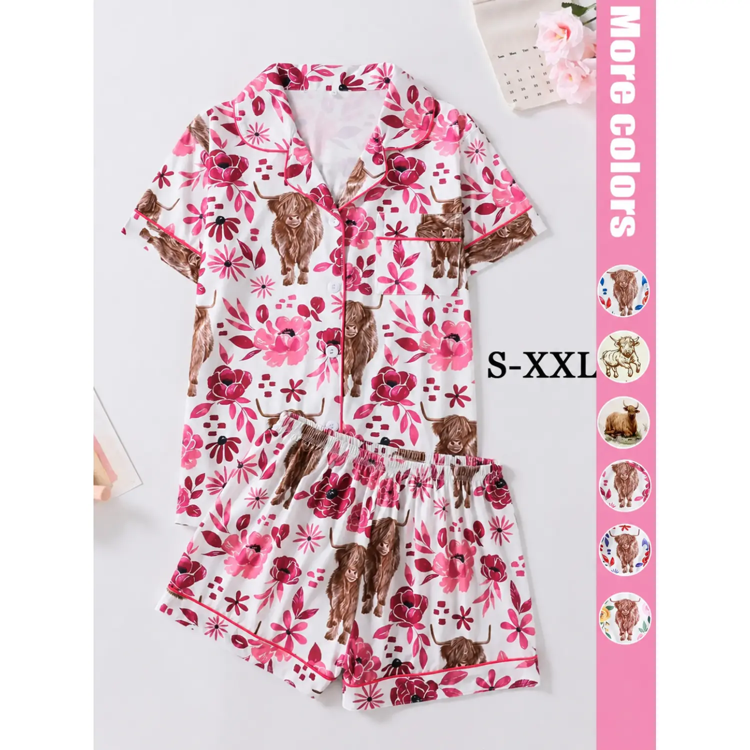 Women's Floral and Cow Print Two-Piece Pajama Set - Short Sleeve Top & Shorts, Casual Summer Loungewear Sleepwear