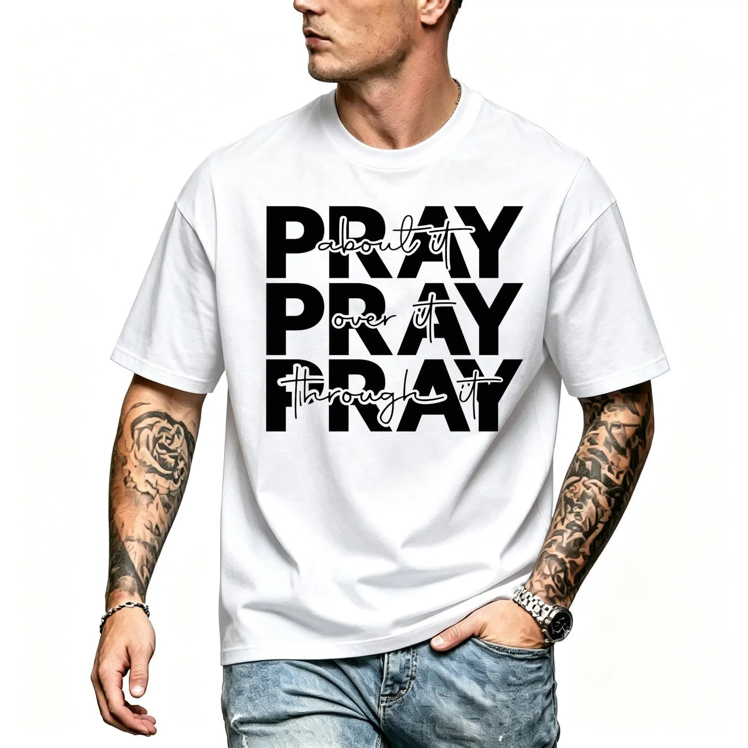 Menswear Short-Sleeve Graphic Print T-Shirt - Unisex Adult Pray Screen Print Transfer Design, Inspirational Faith Tops, Casual Vintage Style Casual Wear Wardrobe Staple