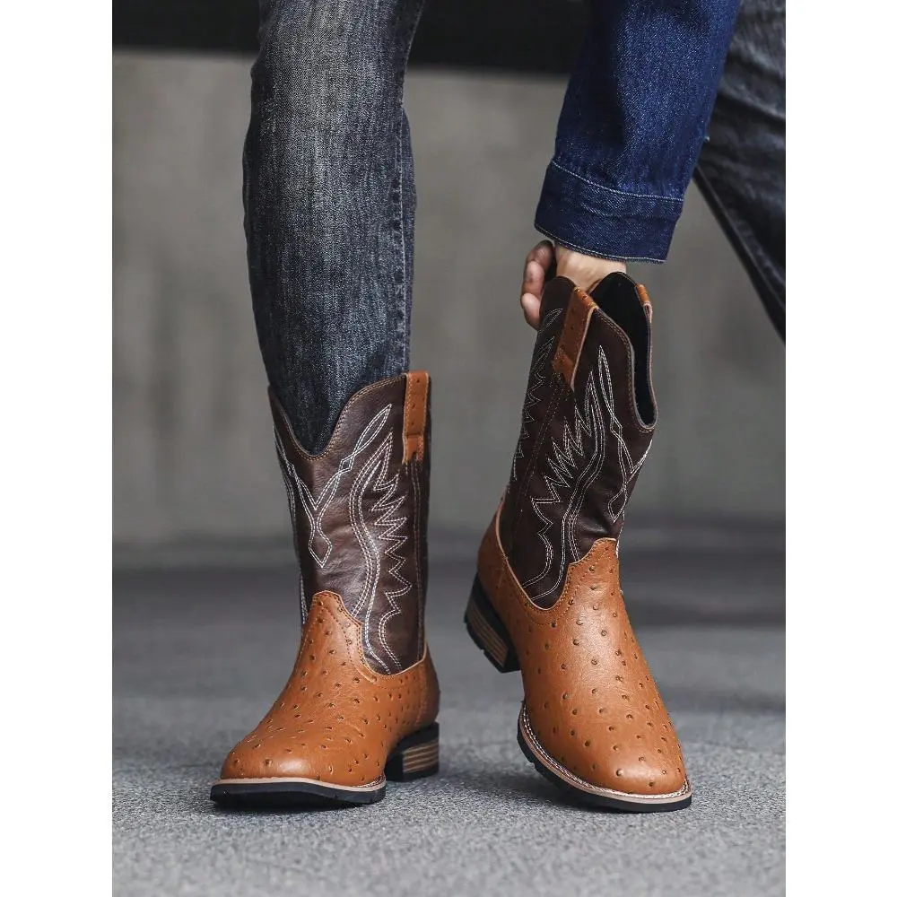 Zotixvox Men's Western Cowboy Ankle Boots, PU Leather Fashion Footwear with Embroidered Decor, a Square Toe and High Heel Design
