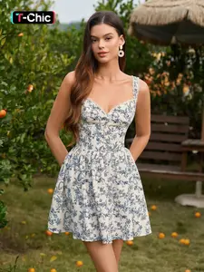 Parthea Women's Plaid Print Fake Buttons Decor Shirred Cami Dress, Cute Sweetheart Neck Backless Sleeveless Short Dress for Summer, Women's Clothing Casual Wear for Beach Holiday, Womenswear