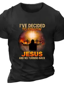 Plus Size Men's Christian Religious T Shirt Jesus Cross Graphic Tee with I've Decided to Follow Jesus Soft Breathable Lightweight Shirt Black with Orange Lettering Church EverydSame Style for Men and Women  Summer Short-sleeved Printed T-shirt