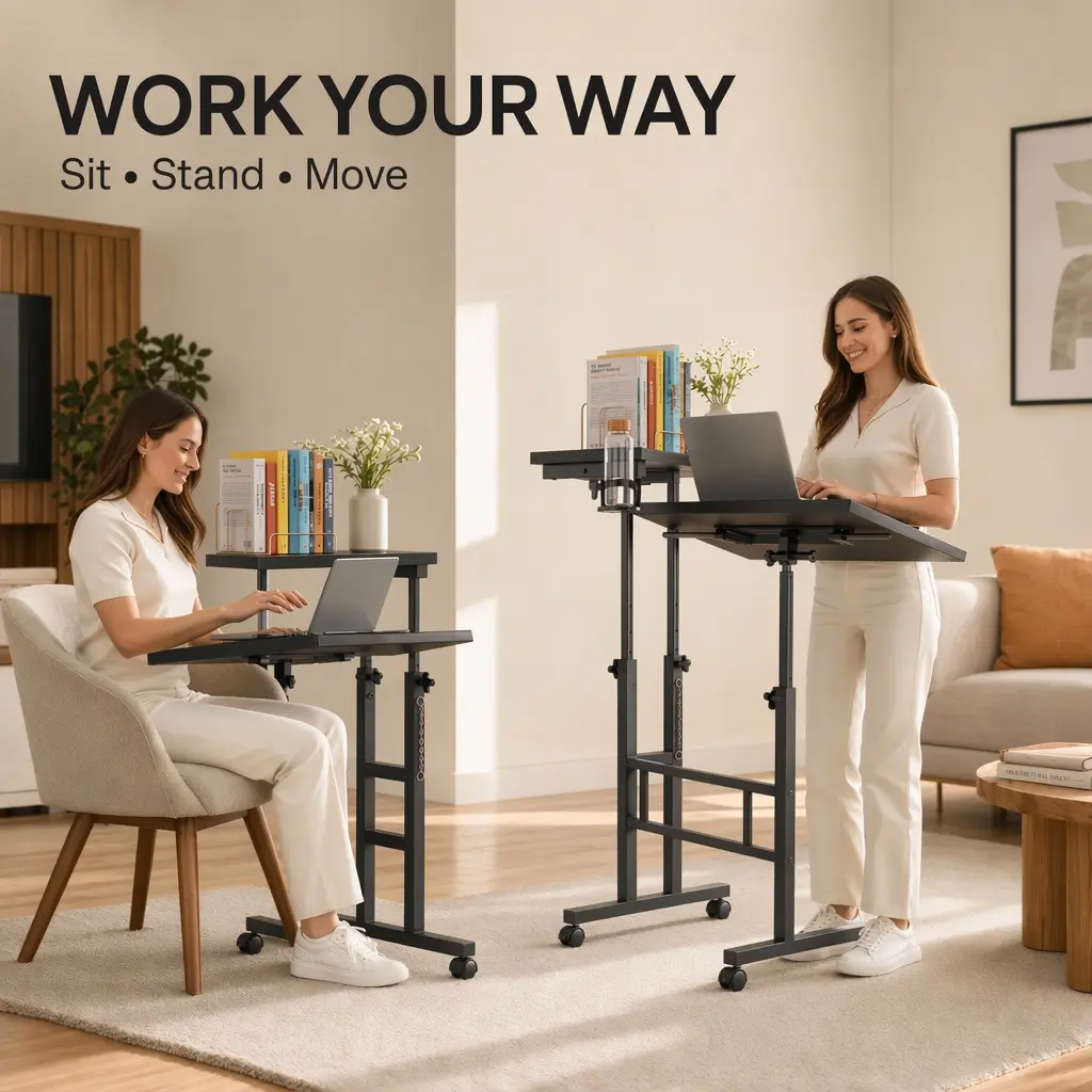 Dual Desktop Height Adjustable Rolling Desk with Wheels, Treadmill Desk for Walking Pad, Mobile Computer Table with Cup Holder for Home Office Bedroom Living Room, Black