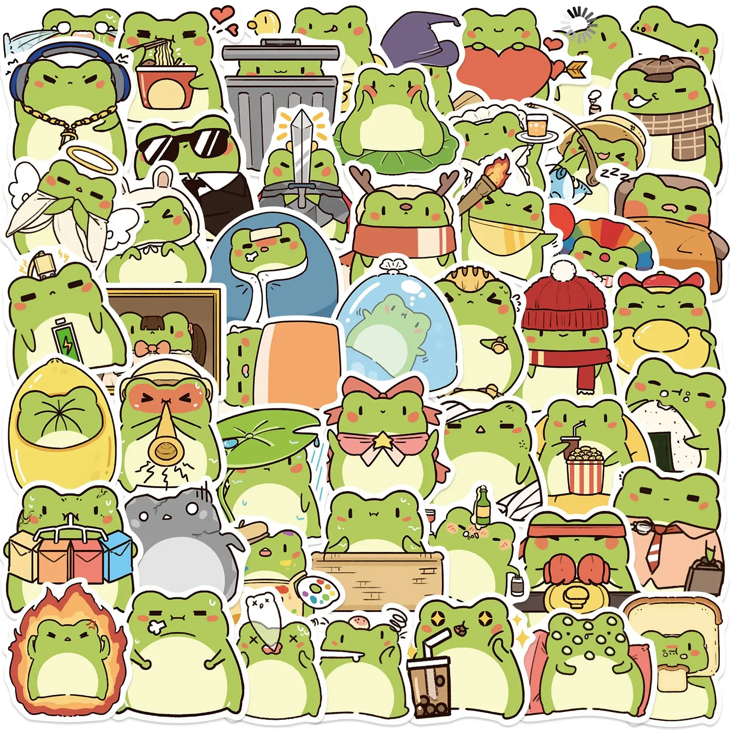 50 Cartoon Frog Stickers, Waterproof DIY Decals for Guitar Notebook Luggage, Fun Decoration Stickers, Creative Craft Supplies