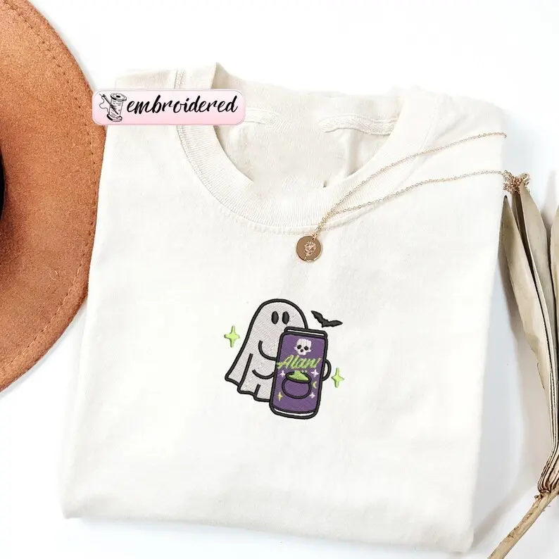 EMBROIDERED Spooky Ghost Alani Halloween  T-Shirt, Cute Fall Embroidery Tee, Cozy Ghost Top, Spooky Season Gift