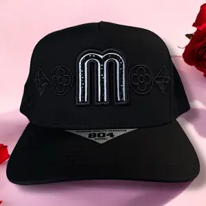 Hat Mexico Style cap with Personalized Black Stones M Logo Design, SnapBack Cap, Black Color, Unisex Hat Mexico Style cap with Personalized Black Stones M Logo Design, SnapBack Cap, Black Color, Unisex