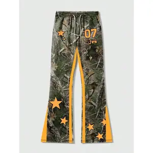 Men's All Over Print Pocket Drawstring Flare Leg Pants, Retro Casual Comfy Graphic Elastic Waist Bell Bottom Trousers for Fall & Winter, Men's Bottoms for Daily Wear