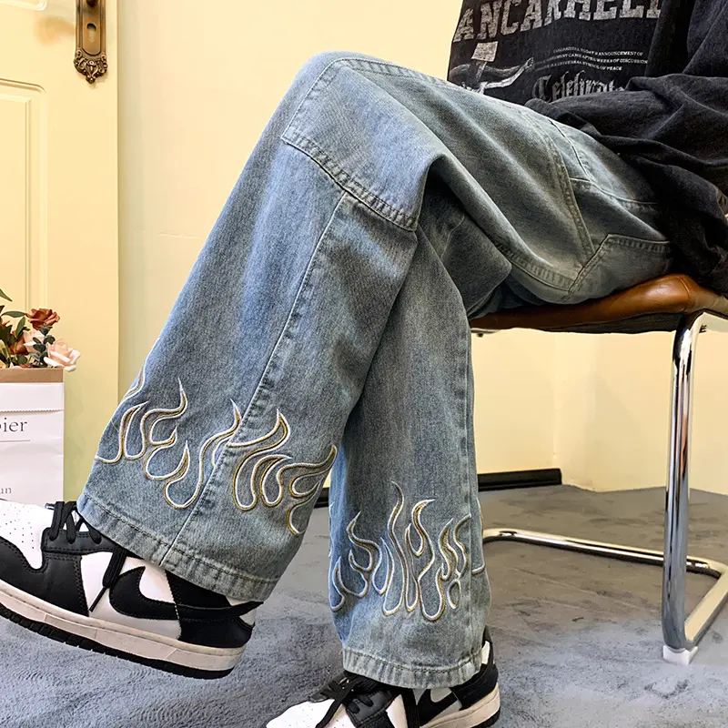 Vintage Flame Printed Jeans For Men Baggy Streetwear Wide Leg Denim Trousers 2025New Hip Hop Fashion Straight Pantalones