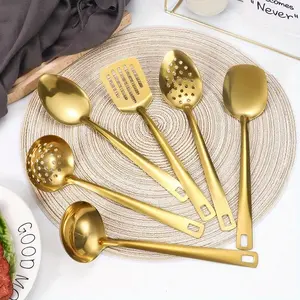 6pcs set of Korean style stainless steel Golden-plated kitchen utensils: home cooking spoons, frying flip spoons - essential luxury Golden service spoons with filters and hot pot clips, perfect for cooking, buffets, restaurant banquets, parties