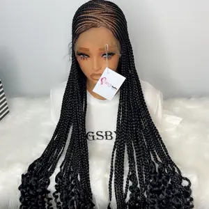 WIGSBYITO Neatly Handmade 36inch Corn row, 360 full lace braided wig made with synthetic, Curly tip