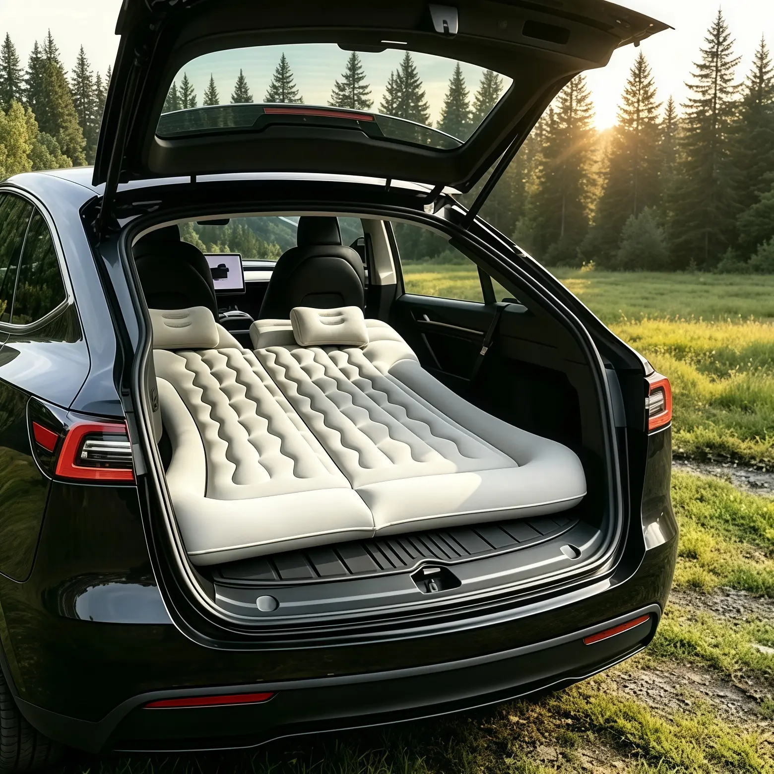 SUV Inflatable Travel Air Bed - Heavy-Duty Flocked PVC Reinforced Car Mattress with 2 Inflatable Pillows, Electric Air Pump, Leakproof, Anti-Slip, Rigid Support, Portable Sleeping Bed for Car Camping, Road Trips