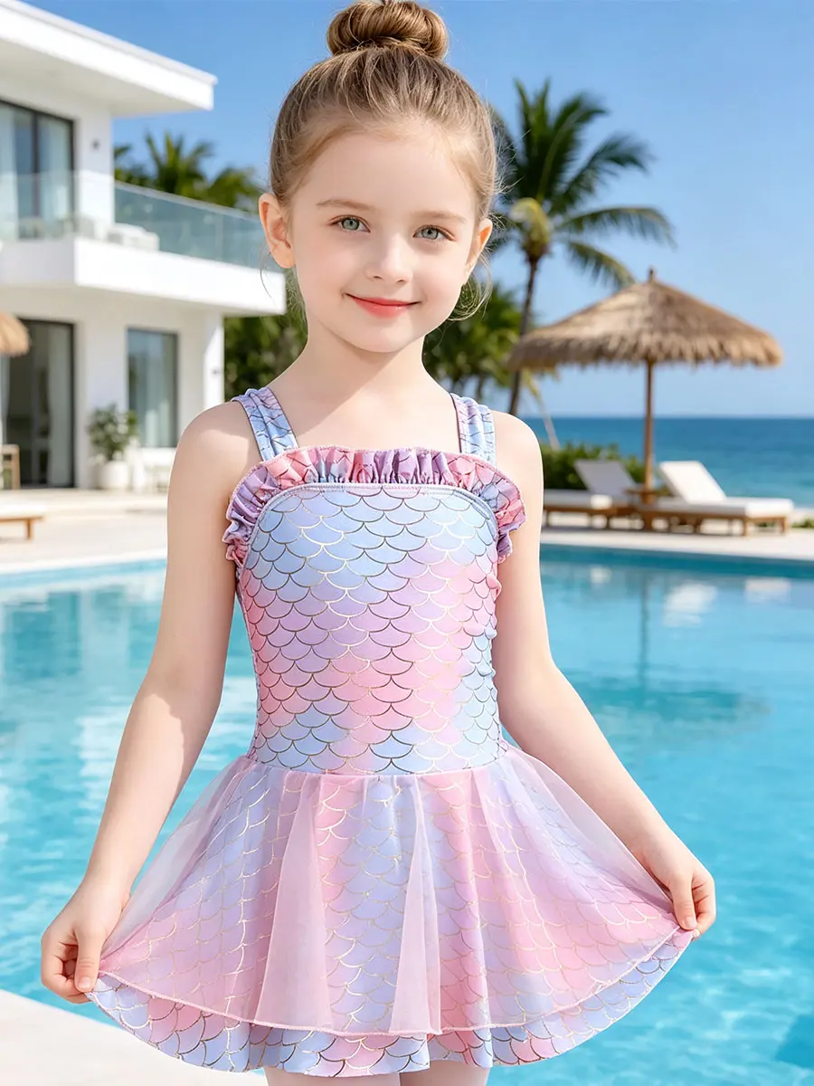 Ruffle Cap Sleeve Pastel Gradient Scale Girls Swimsuit Flowy Soft Skirt Kid Water Outfit For Toddler Little Girls Pool Beach Summer Water Party