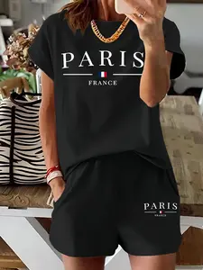 Two-Piece Set Women's Paris Letter Print Short Sleeve Tee & Skinny Shorts, Casual Round Neck T-shirt & Shorts for Daily Wear, Ladies Summer Clothes, Suits Fitted, Casual Loungewear Set