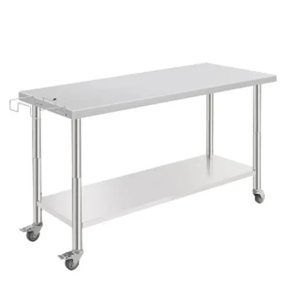 GARVEE 2-Tier Stainless Steel Commercial Worktable with Caster Wheels, 60" x 24" Heavy Duty Metal Food Prep Table Featuring Removable Rack for Kitchen and Warehouse Use