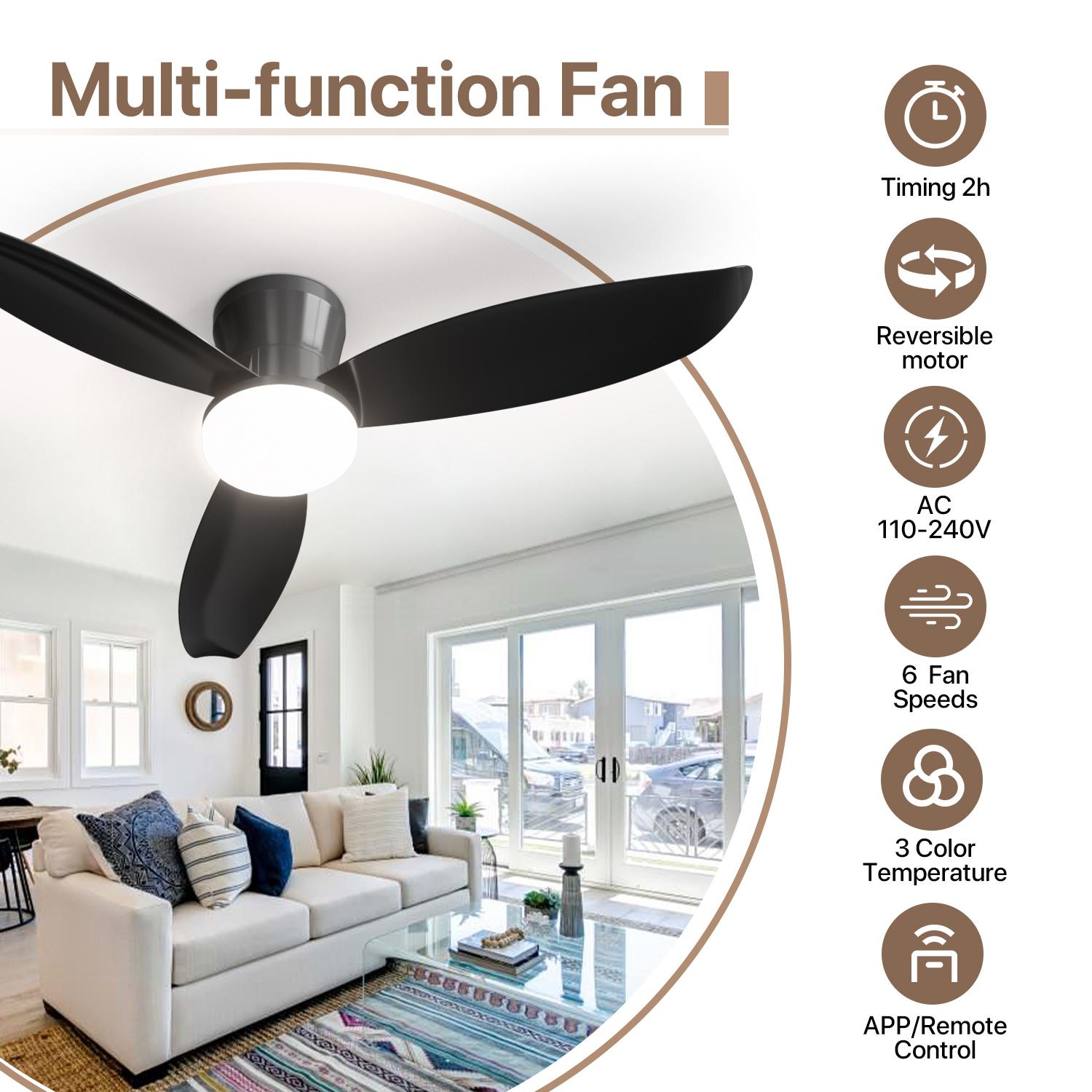 GALENTAL 42 Inch Smart Ceiling Fan with Light and Remote Control - 6 Speeds, Multi-function Ceiling Fan, Reversible, 1/2/4/8H Timer, 3 Color Temperatures, for Bedroom & Living Room