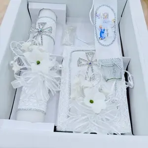 First Communion Candle Set with 8” Candle, Rosary, New Testament & Decorative Elements for Boys and Girls