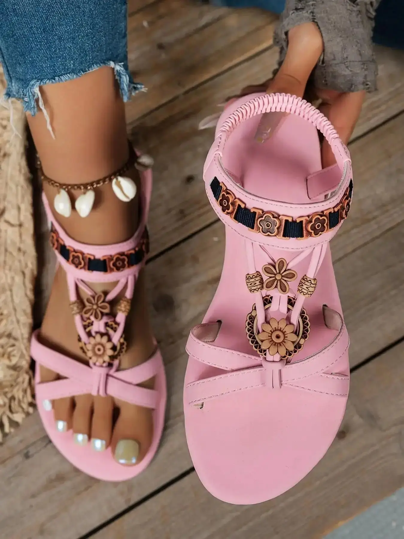 Women's Fashionable Gladiator Sandals, Boho Style Rhinestone Decorated for Beach Vacation, Casual Versatile Slingback Summer, Footwear, Ankle Wrap Sandal, modern flattering chic silhouette musthave