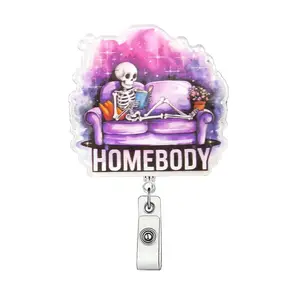 Skull & Book Pattern Badge Holder, 1 Count Creative Retractable Badge Reel, ID Card Holder for Student Office Staff Doctor Nurse Teacher, Halloween