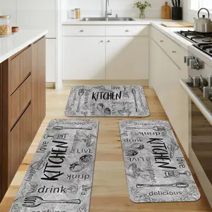 1/2/3pc Scandinavian Gray Kitchen Mat with Tableware Design – Non-Slip, Polyester Floor Mat for Indoor Use, Perfect for Kitchen, Laundry Room, or Entrance, Kitchen Floor Mat |   Decorative Floor Mat |   Polyester Mat room hallway