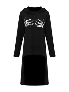 Women's Midnight Skeletal Hooded Dress with Pockets, Ladies Clothes, Casual Womenswear, Halloween Hoodie Dress
