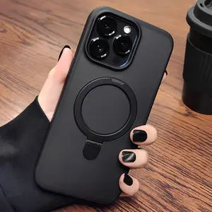 Luxury Magnetic Stand Armor Shockproof Wireless Charging Phone Case, Compatible with iPhone 11/12/13/14/15/16/17 Pro Max Air Plus Shockproof Hard PC Back Cover, Metal Stand Phone Case