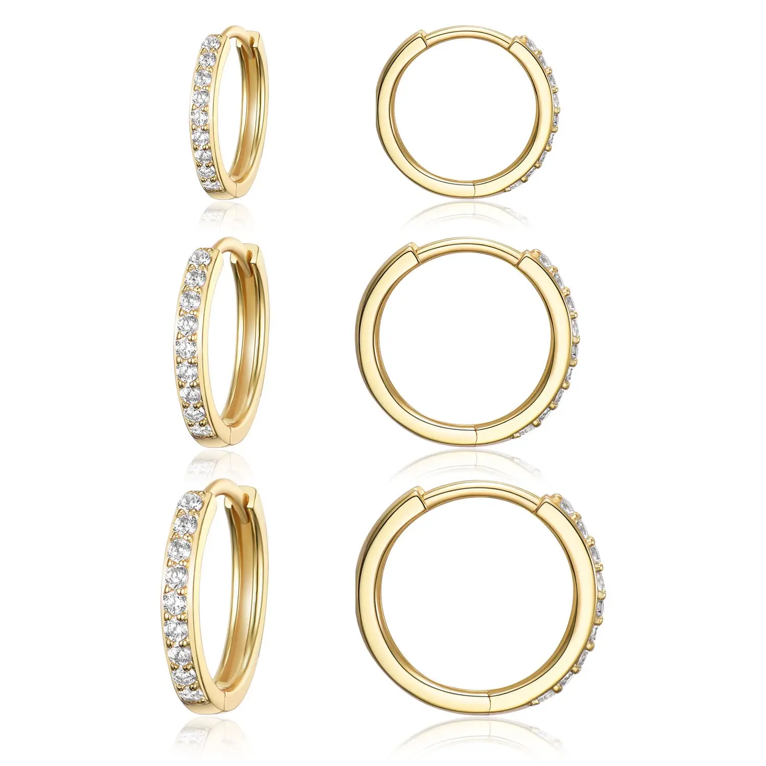GEMSME Women's 3-Pair 5A+ Cubic Zirconia Gold Plated Chunky Small Hoop Earrings Set, Hypoallergenic Huggie Jewelry, Lightweight Earcuff, Popular Gift (E-230510-W), Lightweight Earring, Thanksgiving, Chunky Jewelry, Ear Stacking, Mother’s Day, Multi-Size
