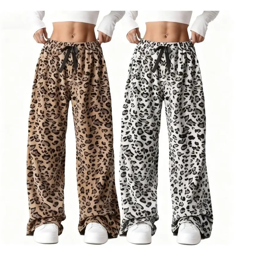 Leopard Pants Women - Therian Fuzzy Y2K Cheetah Grunge High Waisted Fluffy Pajama Pants, Soft Plush Elastic Waist, Trendy Nostalgic Aesthetic Pants, Comfy Loose-Fit Loungewear for Daily & Sleep