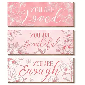 Flower Pattern Wooden Hanging Sign, 3 Counts/set You Are Loved/You Are Beautiful/You Are Enough Lettering Wall Decor, Wall Art for Home Living Room Bedroom, Hangable, Household, Home Decor Products
