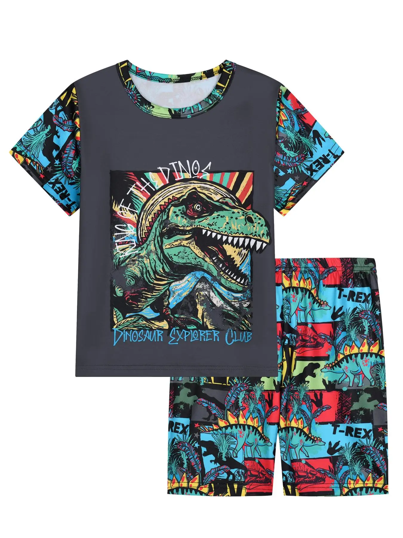 Boy's Cartoon Dinosaur Print Crew Neck Tee & Elastic Waist Shorts Pajama Two-Piece Set, Casual Comfy Round Neck Short Sleeve T-shirt & Shorts PJ Set