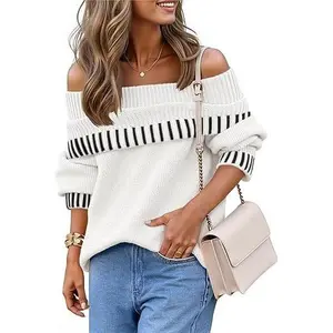 MEROKEETY Women's Off Shoulder Sweater 2025 Fall Winter Fashion Oversized Ribbed Knit Striped Pullover Tops