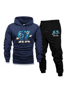 Men's autumn and winter casual suit: hooded fleece-lined sweater and sweatpants, 67 sixseven, fashionable printed, holiday gift, Casual Outfit Set, comfortable fleece-lined two-piece set (sweater and trousers)