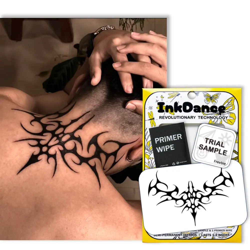 InkDance Semi-Permanent Tattoo, sharp-pointy-lines, Neo-Tribal, Cyber Sigilism, Long Lasting Temporary Tattoos for Men, Waterproof Plant-Based Ink, Lasts 1-2 Weeks, Color Develops in 24 Hours D320