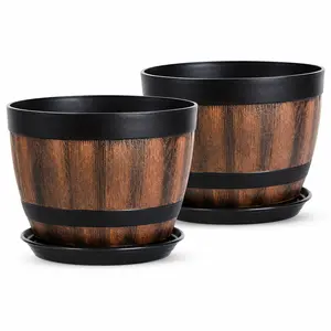 2 Pack Rustic Barrel Planter Pots with Saucers, 4L Lightweight Plastic Flower Pots with Drainage Holes, Wood Grain Look Indoor Outdoor Plant Containers for Patio, Balcony, Garden, Living Room