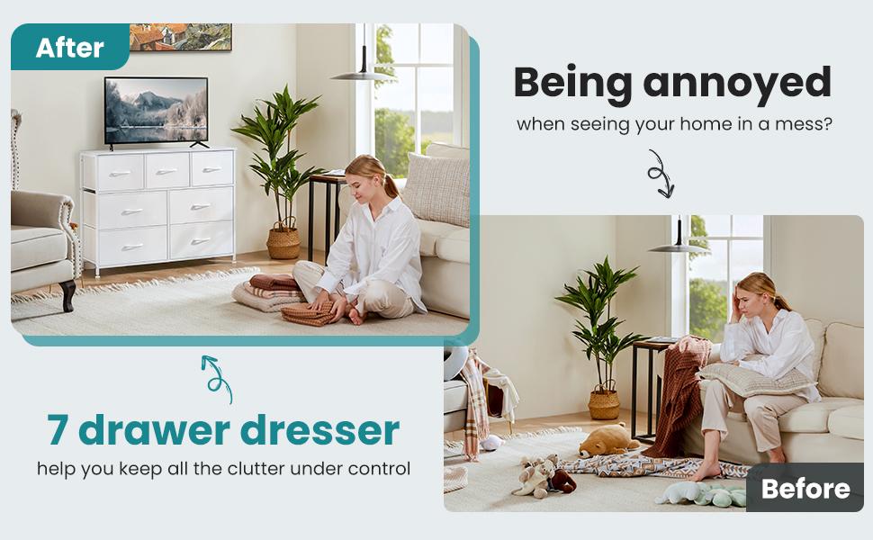 Organizer Storage, Chest Fabric Bins, Long Dresser with Wood Top for Bedroom, Closet, Entryway, 7-Drawers dressers Furniture Organization