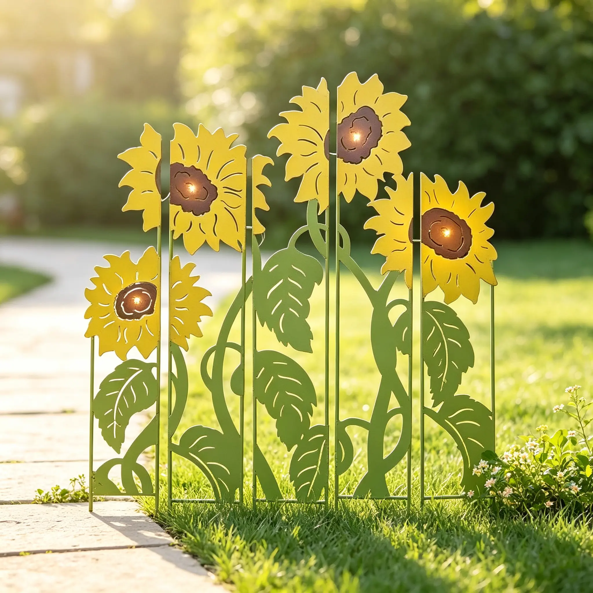 Upgraded Thick Rustproof Iron Sunflower Fence Ground Stakes - Hollow Metal Flowered Garden Decor for Outdoor Lawn,   aesthetic wall  Decor,  summer garden，  statue figurine，  garden ornament，  temp-tations outdoors，   garden decoration supply