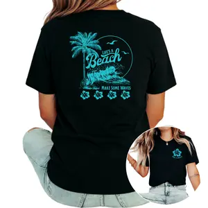 Women’s Hawaiian beach T-shirts - hibiscus flower and palm tree tropical graphic tees, summer beach vacation tops