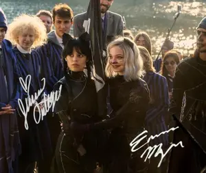 Wednesday Addams (Netflix) - Jenna Ortega (Wednesday) & Emma Myers (Enid Sinclair) Reproduction (RP), Preprint, Preprinted (PP) Signed Autograph Autographed Photo Photograph Print (8 x 10 inch)