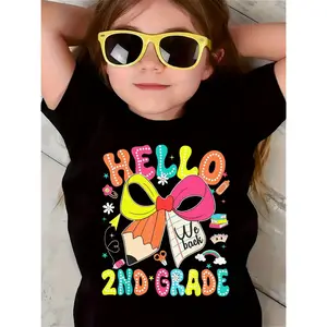 SHOWTLY Brand, Girl's T-shirt, Hello 2nd Grade Back to School Graphic Print, Bow Pencil Notebook Scissors Books Rainbow Stars Flowers Pattern Print, Comfortable and Soft, Round Neck, Casual and Fashionable, Suitable for Daily Activities/kids Clothe(3-13Y)