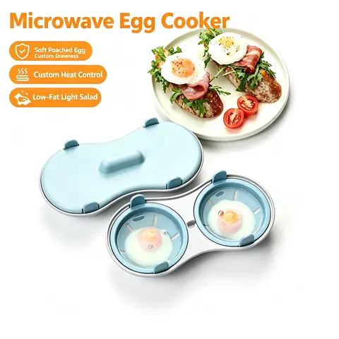 Microwave Egg Poacher, Microwave Egg Cooker for 2 Eggs, Poached Egg Maker Quick-Heat Dual Cavity Microwave Egg Poached Steamer Egg Mold with Lid for Breakfast Sandwiches Kitchen Gadget
