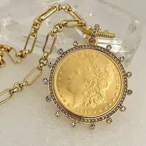 Gold Coin Necklace-Gold Multi-Link Chain-Gold Reproduction Morgan Peace Dollar Coin- Cubic Zirconia Bezel -Spring Lock Clasp