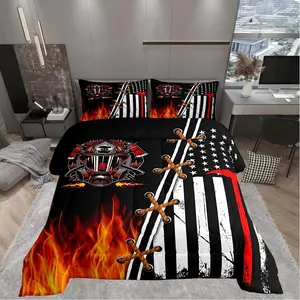 Teens Firefighter Comforter Set,American Flag Bedding Set for Kids Boys Adult Bedroom Decoration,Burning Flame Bed Duvet Insert,Red and Black Comforter