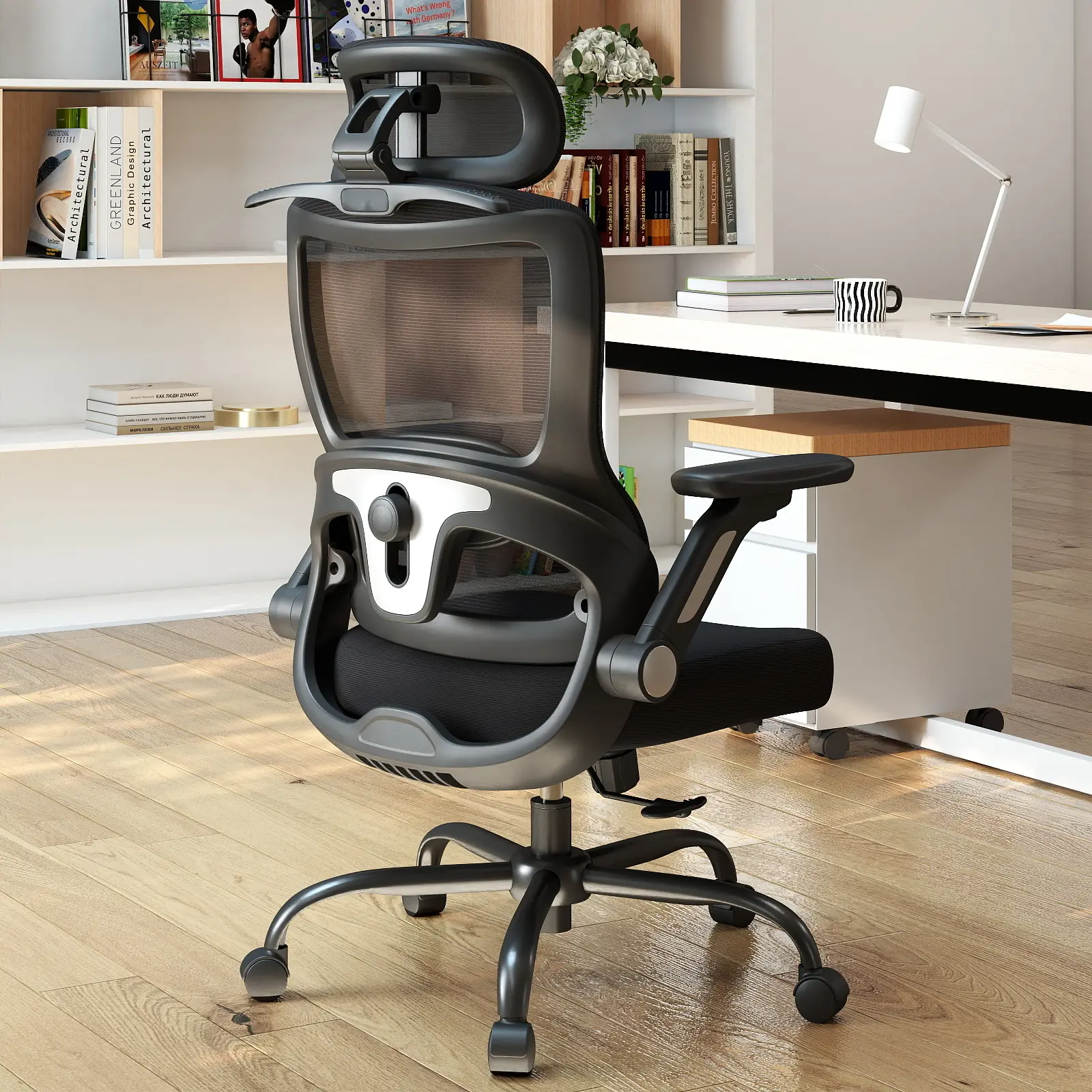 Vomena High Back Mesh Office Chair, 400lbs Big and Tall Ergonomic Desk Chair with 3D Adjustable Headrest, Adjustable Lumbar Support, 4D Flip-Up Armrests, Breathable Computer Chair for Home Office