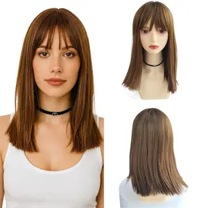 Ladies Wig 16" Silky Straight Swiss Lace Wig - Invisible Part with One-Length Straight Bangs Medium-Length Natural Look Office-Ready Everyday Elegance Synthetic Hair Golden Ash Brown